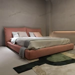 Soft Pink Upholstered Bed with Oversized Cushion Headboard & Rounded Base